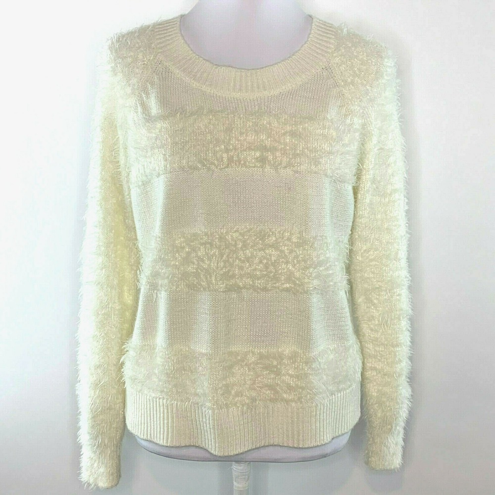 XOXO Womens Size L Knitted Top Pullover Crew Neck Lace Back Zip Sweater Ivory